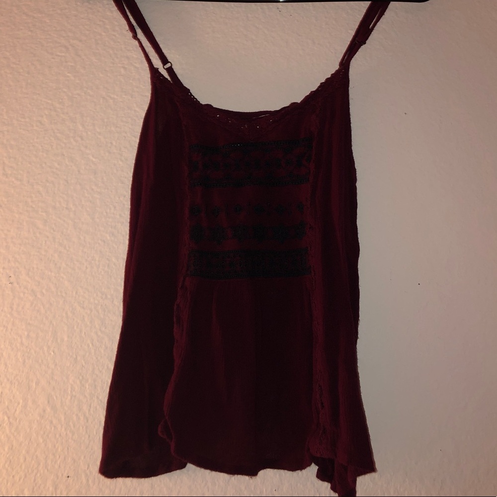 maroon tank top with black embroidery & laced back